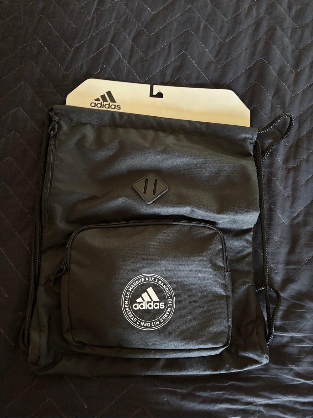 adidas Black Drawstring Sling Backpack with Front Zip Pocket
